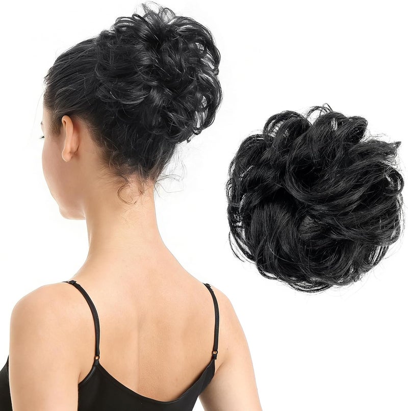 BARSDAR 100% Human Hair Scrunchies, Curly Messy Bun Hairpiece Extensions Wedding Hair Pieces for Women Kids Messy Bun Real Hair Updo Donut Chignons 1#-Natural Black - Image 1