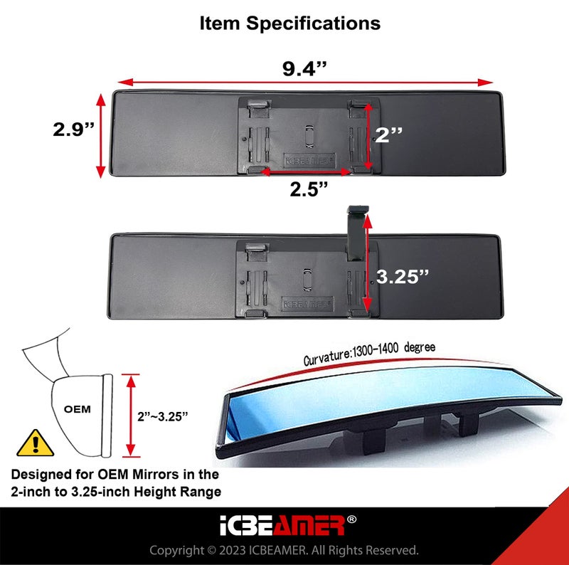 ICBEAMER 10.6" ICBEAMER Clip On Rear View Mirror | Convex Blue Tint, Panoramic Wide Angle HD Glass, Anti Glare, Universal Fit for Car, SUV, Truck | Eliminates Blind Spots (1 Pack) - Image 5