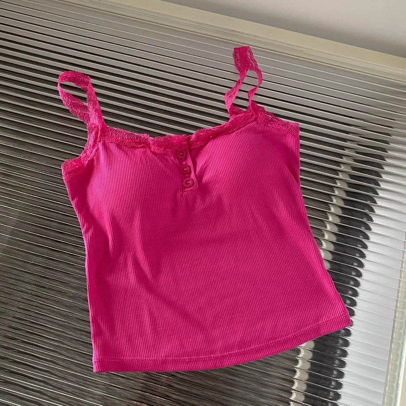 Plus size chubby girl pure desire lace small sling summer bottoming vest top with chest pad wrapped chest lace sling Rose Red [high quality version with chest pad]] 