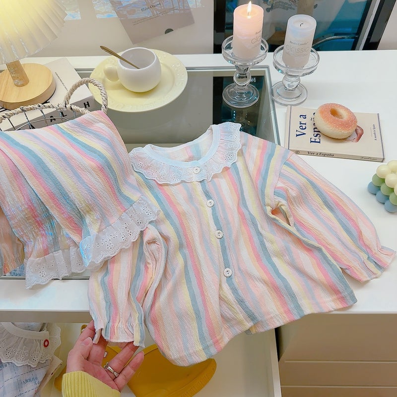 Childrens Spring Cardigan Stretch Cotton Yarn suit Korean Style Cute Air-conditioning Clothes Pajamas Lace Baby Home Clothes elastic cotton yarn suit rainbow