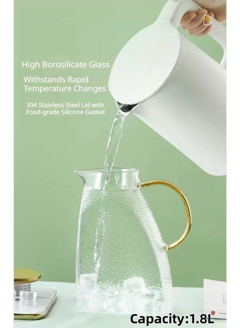 فولانري 1.8L Glass Pitcher, High Borosilicate Glass Water Jug with Rotatable 304 Stainless Steel Filter Lid, Slim Flat Body for Fridge Door, Drip Free Spout, for Hot Cold Water Fruit Tea Juice Milk, Home Kitchen - Image 5