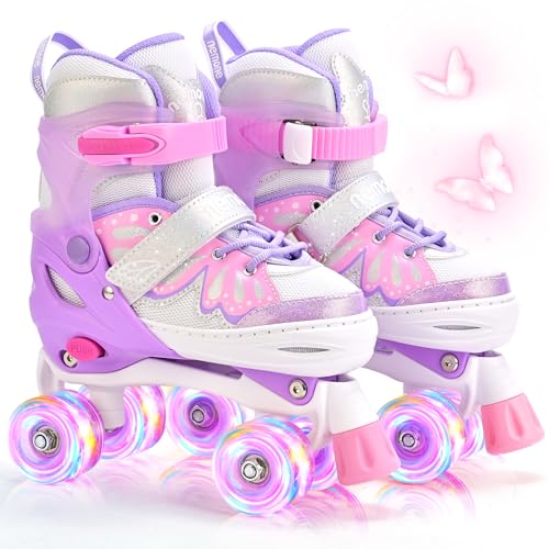 NEMONE 4 Size Adjustable Light up Roller Skates for Girls, Butterfly Roller Skates for Kids Ages 4-6 5-8 6-12 8-12, Todder Beginner Skates Indoor Outdoor Pink Purple M - Image 1