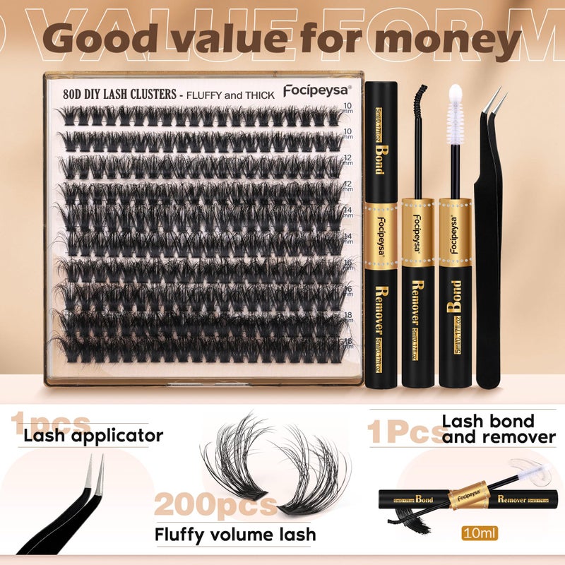 Focipeysa Eyelash Extension Kit, 200pcs 80D Mink Fur False Eyelashes, 10-18mm DIY Lash Clusters, Matte Black, Vegan, Cruelty Free, Includes Lash Bond & Remover, Tweezers - Image 3