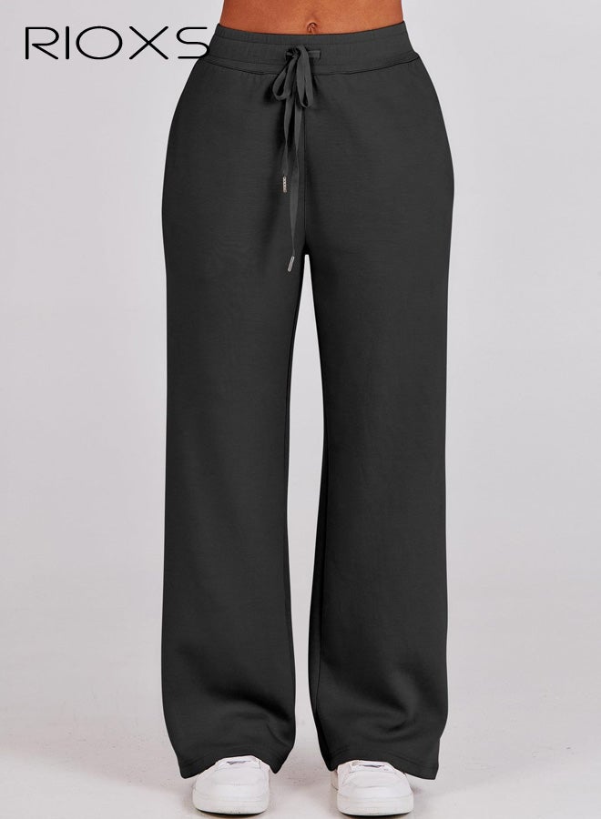 RIOXS Women's 2 Piece Tracksuit Sets, Fall Lounge Outfits, Casual Lapel Long Sleeve Half Zip Sweatshirt and Loose Wide Leg Drawstring Sweatpants with Pockets,  Spring Winter Tracksuit for Travel Jogging Workout, Black - Image 5