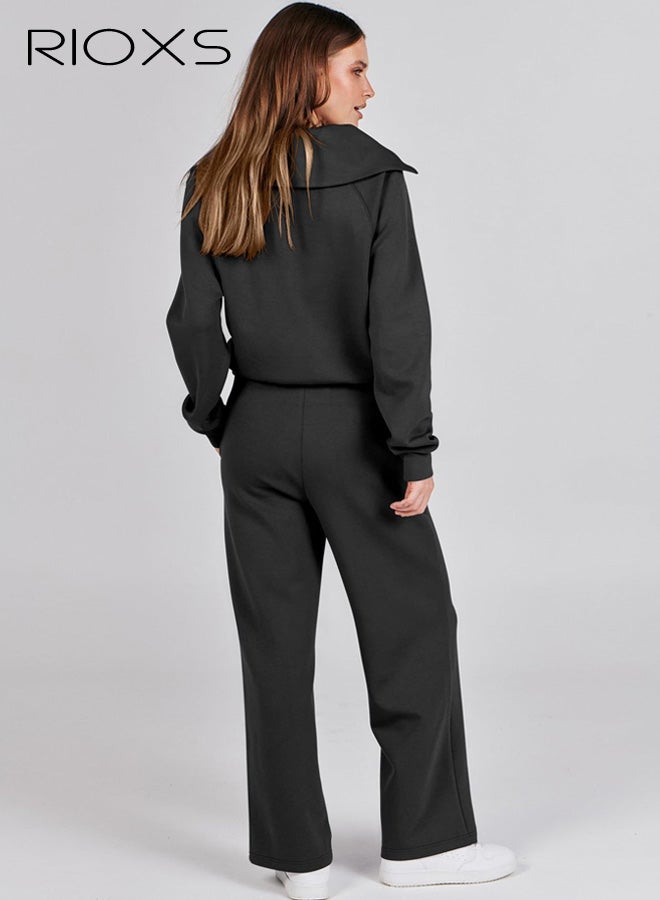 RIOXS Women's 2 Piece Tracksuit Sets, Fall Lounge Outfits, Casual Lapel Long Sleeve Half Zip Sweatshirt and Loose Wide Leg Drawstring Sweatpants with Pockets,  Spring Winter Tracksuit for Travel Jogging Workout, Black - Image 3