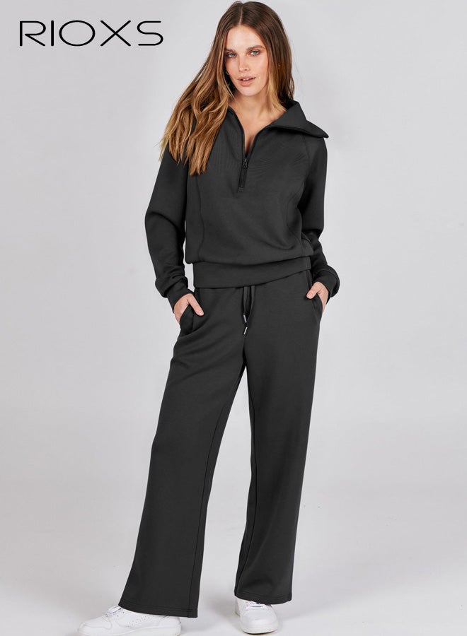 RIOXS Women's 2 Piece Tracksuit Sets, Fall Lounge Outfits, Casual Lapel Long Sleeve Half Zip Sweatshirt and Loose Wide Leg Drawstring Sweatpants with Pockets,  Spring Winter Tracksuit for Travel Jogging Workout, Black - Image 1