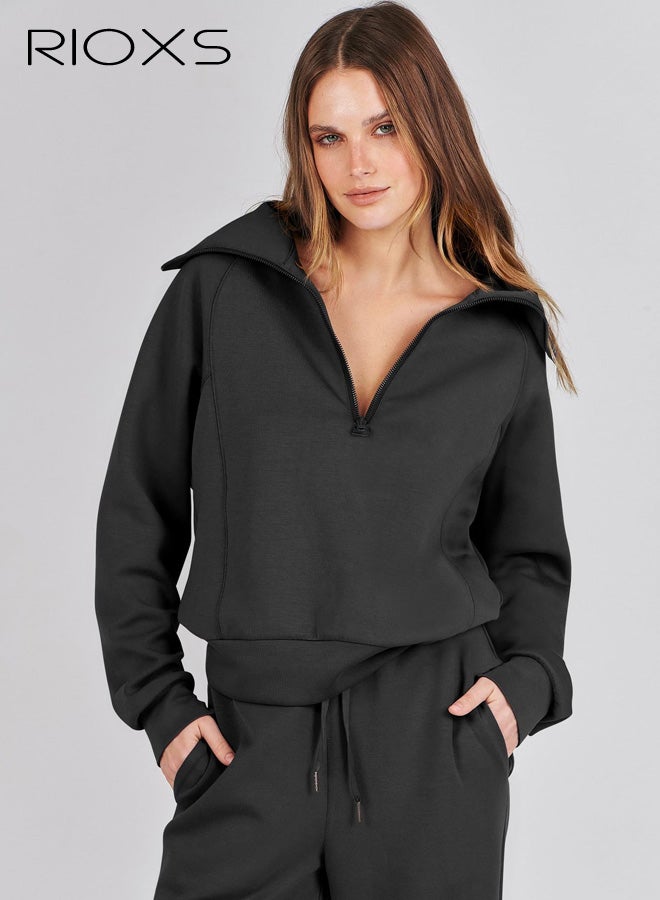 RIOXS Women's 2 Piece Tracksuit Sets, Fall Lounge Outfits, Casual Lapel Long Sleeve Half Zip Sweatshirt and Loose Wide Leg Drawstring Sweatpants with Pockets,  Spring Winter Tracksuit for Travel Jogging Workout, Black - Image 4