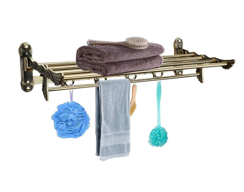 FORTUNE Antique Aluminum Folding Towel Rack for Bathroom, Folding Towel Stand, Hanger, Bathroom Accessories for Homes, Hotels- Brass Finish (1.5 Feet) - Image 3