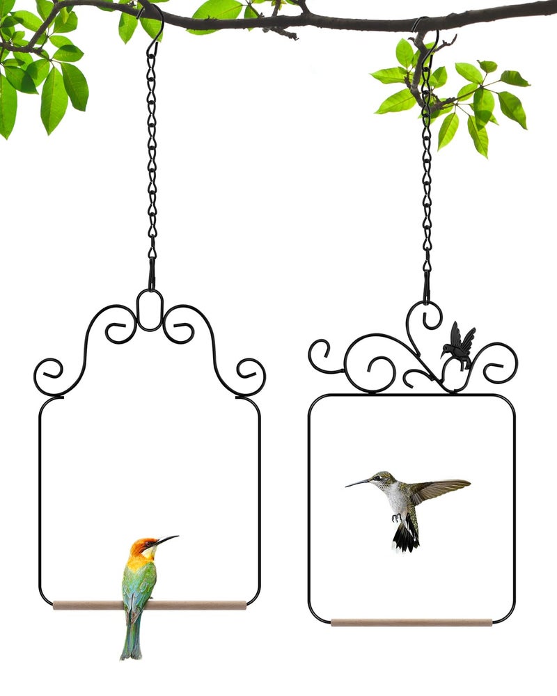 PACETAP Hummingbird Swings and Perches Metal Frame 2 Pack Wild Bird Swing Outdoor Bird Perch with Wooden Dowel and 2 Hanging Chain for Hanging Indoor Outdoor Trunk Lawn Patio Garden Black - Image 2