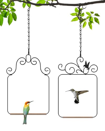 PACETAP Hummingbird Swings and Perches Metal Frame 2 Pack Wild Bird Swing Outdoor Bird Perch with Wooden Dowel and 2 Hanging Chain for Hanging Indoor Outdoor Trunk Lawn Patio Garden Black - Image 1