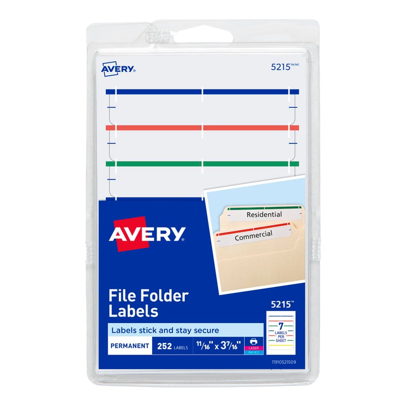Avery File Folder Labels on 4" x 6" Sheets, Easy Peel, Assorted, Print & Handwrite, 2/3" x 3-7/16", 252 Labels (5215) - Image 1