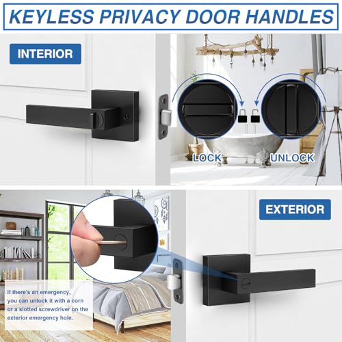 Plustool 2 Pack Matte Black Door Handles, Keyless Interior Door Knobs, Privacy Door Lever Locksets for Bedroom Bathroom, Heavy Duty Square Door Lock (2.0lb), Reversible for Left&Right Handled Doors - Image 3