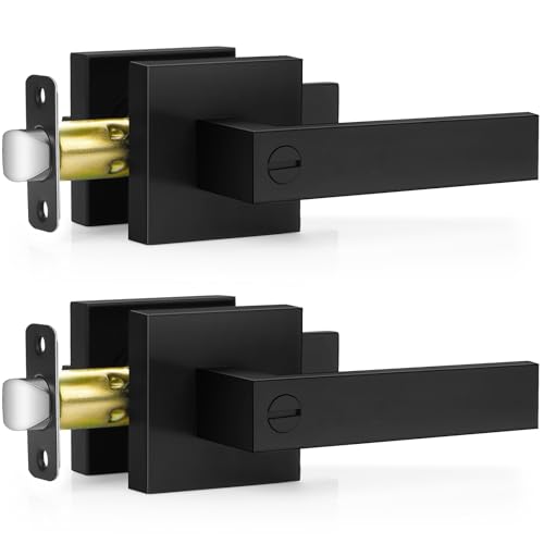 Plustool 2 Pack Matte Black Door Handles, Keyless Interior Door Knobs, Privacy Door Lever Locksets for Bedroom Bathroom, Heavy Duty Square Door Lock (2.0lb), Reversible for Left&Right Handled Doors - Image 1