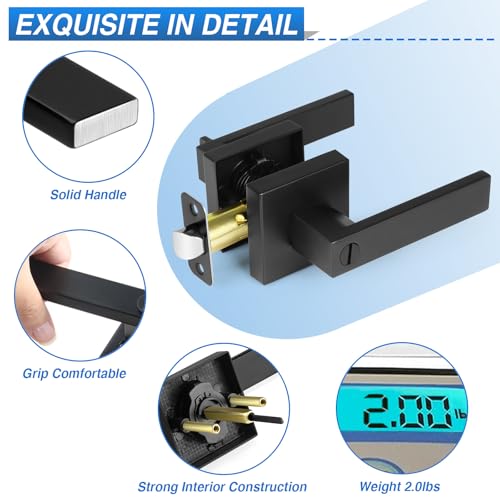 Plustool 2 Pack Matte Black Door Handles, Keyless Interior Door Knobs, Privacy Door Lever Locksets for Bedroom Bathroom, Heavy Duty Square Door Lock (2.0lb), Reversible for Left&Right Handled Doors - Image 2
