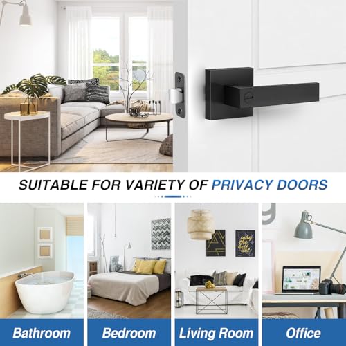 Plustool 2 Pack Matte Black Door Handles, Keyless Interior Door Knobs, Privacy Door Lever Locksets for Bedroom Bathroom, Heavy Duty Square Door Lock (2.0lb), Reversible for Left&Right Handled Doors - Image 5