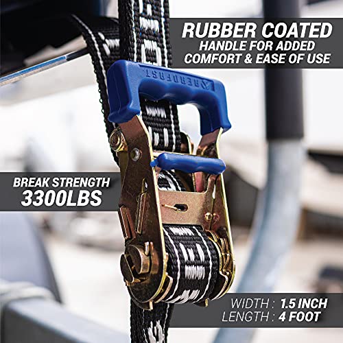 AEROFAST REAR TRANSOM BOAT TRAILER STRAPS RATCHET TIE DOWNS STRAP, Made in NZ - 1.5" x 4’ Heavy Duty Rear Transom with PVC Hooks For Trailered Boats, Pontoons & Jetskis - 3,300lbs Break Strength - (Pair) Black - Image 2