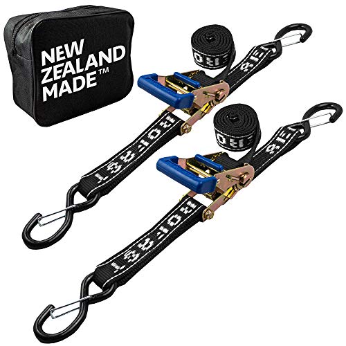 AEROFAST REAR TRANSOM BOAT TRAILER STRAPS RATCHET TIE DOWNS STRAP, Made in NZ - 1.5" x 4’ Heavy Duty Rear Transom with PVC Hooks For Trailered Boats, Pontoons & Jetskis - 3,300lbs Break Strength - (Pair) Black - Image 1