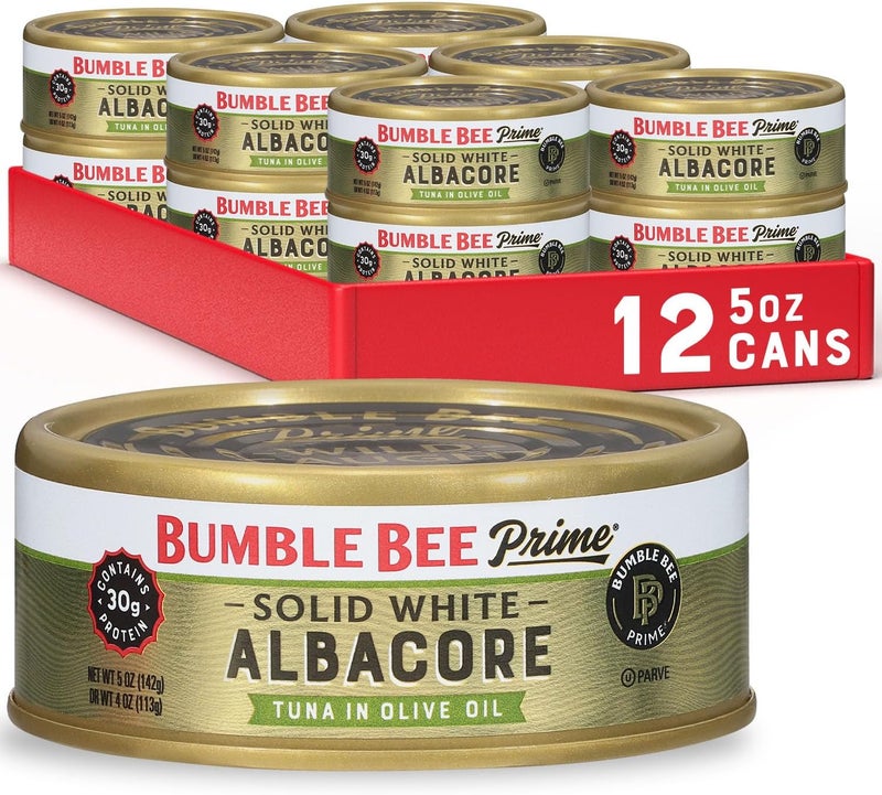 Bumble Bee Prime Solid White Albacore Tuna in Olive Oil, 5 oz Cans (Pack of 12) - Premium Wild Caught Tuna with 30g Protein per Serving - Image 1