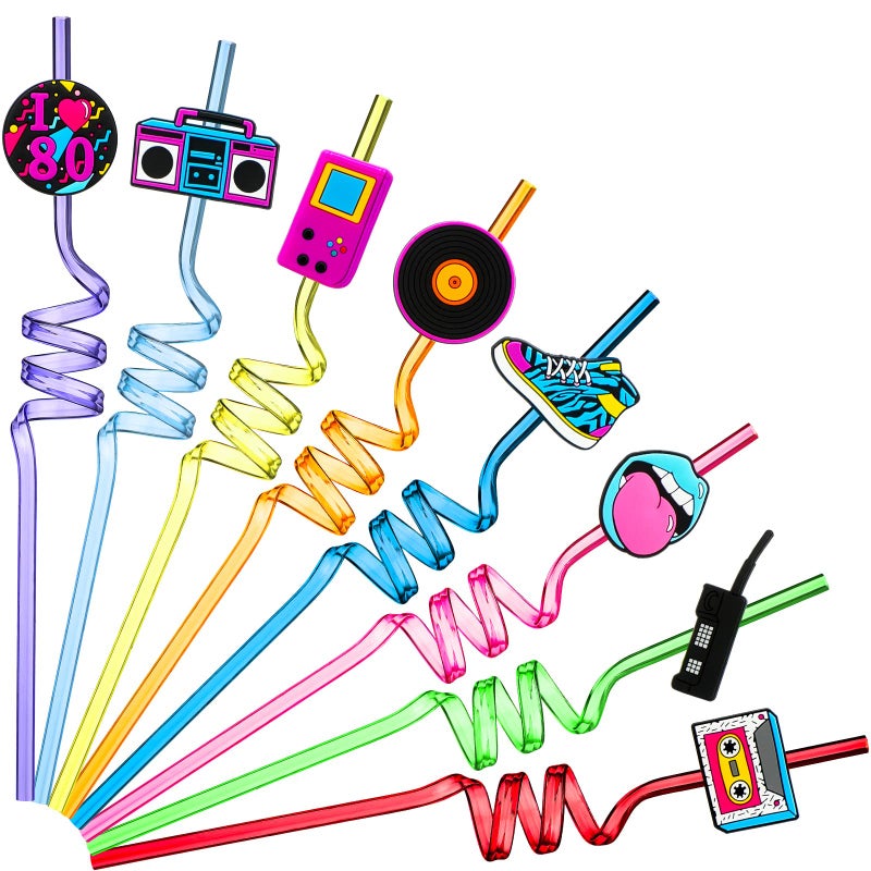 Vesici 80s Party Decor Retro Straw Hip Hop Theme 80s Party Silly Drinking Straws I Love 80s Radio Boombox Mobile Phone Straw Decorations for Kids Adults 80s Party Favors  8 Colors and Styles (24 Pcs) - Image 1