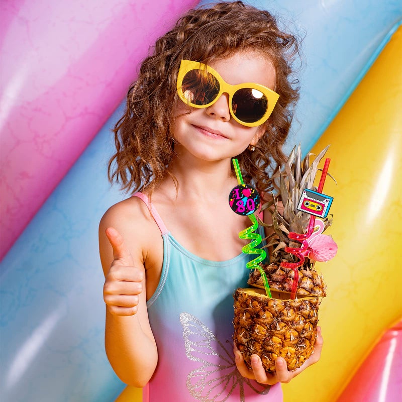 Vesici 80s Party Decor Retro Straw Hip Hop Theme 80s Party Silly Drinking Straws I Love 80s Radio Boombox Mobile Phone Straw Decorations for Kids Adults 80s Party Favors  8 Colors and Styles (24 Pcs) - Image 4