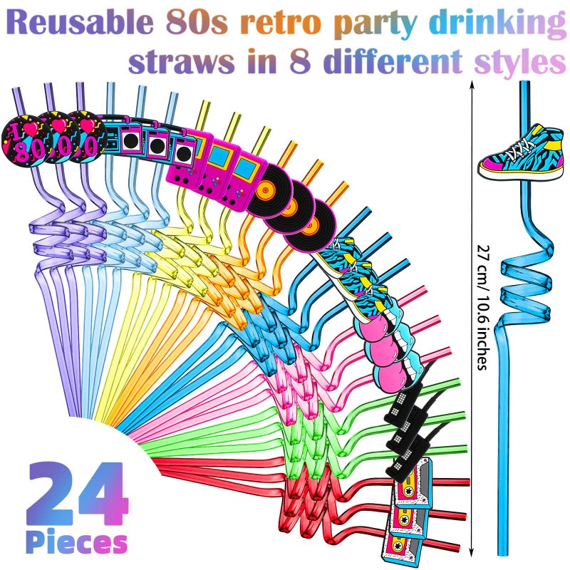 Vesici 80s Party Decor Retro Straw Hip Hop Theme 80s Party Silly Drinking Straws I Love 80s Radio Boombox Mobile Phone Straw Decorations for Kids Adults 80s Party Favors  8 Colors and Styles (24 Pcs) - Image 2