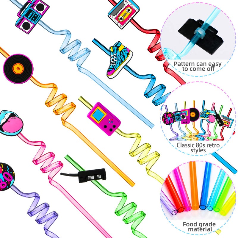 Vesici 80s Party Decor Retro Straw Hip Hop Theme 80s Party Silly Drinking Straws I Love 80s Radio Boombox Mobile Phone Straw Decorations for Kids Adults 80s Party Favors  8 Colors and Styles (24 Pcs) - Image 3