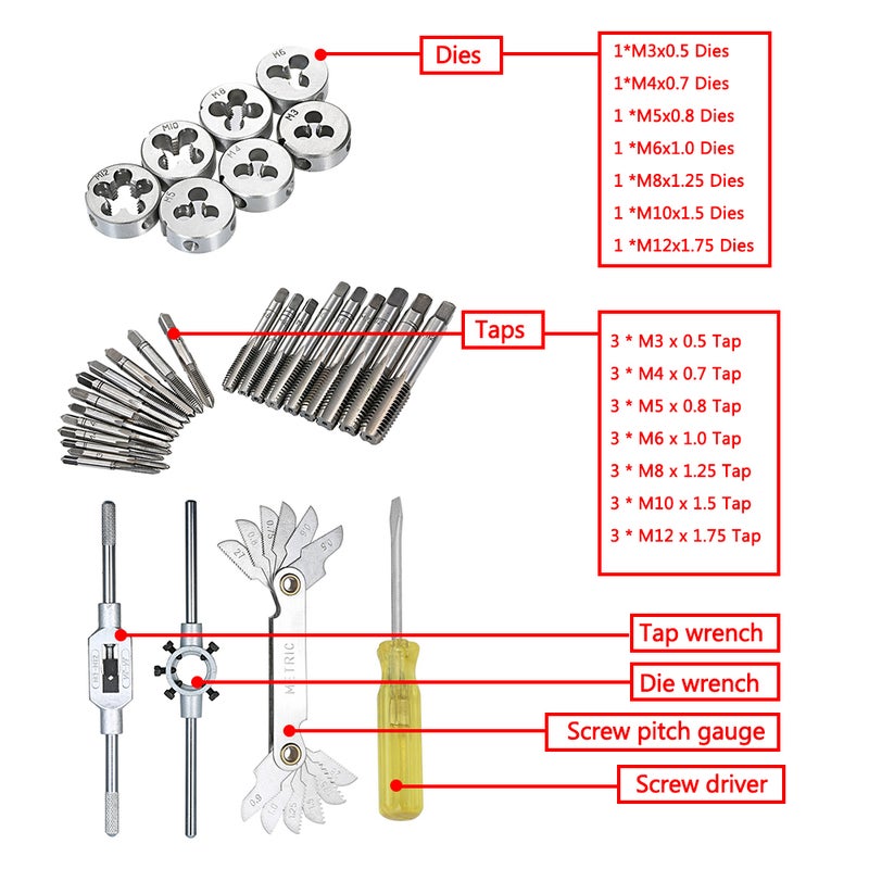 32 PCS HSS Tap and Die Set Metric Wrench Cut M3-M12 Hand Threading Tool Tungsten Carbide Tap Die Screw Thread Making Tool Bit Set Engineer Kit with Tool Case - Image 5