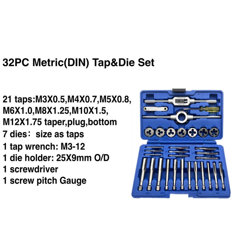 32 PCS HSS Tap and Die Set Metric Wrench Cut M3-M12 Hand Threading Tool Tungsten Carbide Tap Die Screw Thread Making Tool Bit Set Engineer Kit with Tool Case - Image 2