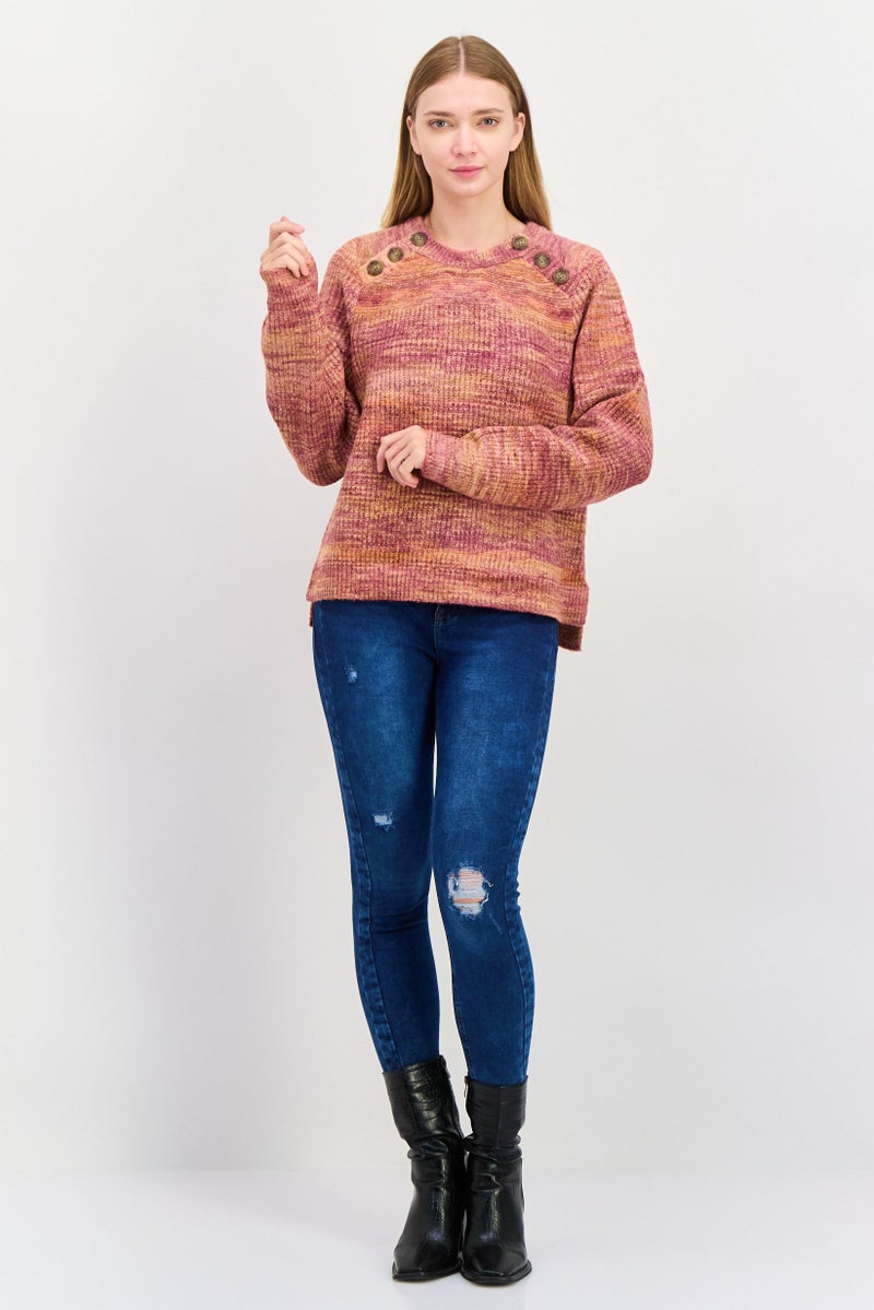 Black Tape Women Round Neck Texture Knitted Sweater, Multicolor - Image 4