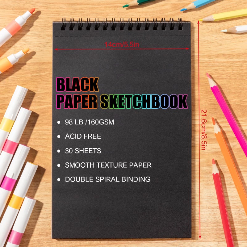 Prudiut 30 Sheets Black Paper Sketchbook, 98lb/160gsm Heavyweight Black Sketch Pad 5.5Ã—8.5in, Acid-Free Drawing Paper, Spiral Bound Sketch Book for Kids, Teens, Artist - Image 3