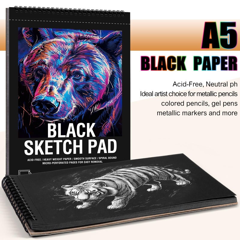 Prudiut 30 Sheets Black Paper Sketchbook, 98lb/160gsm Heavyweight Black Sketch Pad 5.5Ã—8.5in, Acid-Free Drawing Paper, Spiral Bound Sketch Book for Kids, Teens, Artist - Image 2