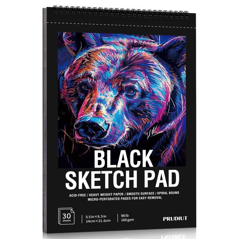 Prudiut 30 Sheets Black Paper Sketchbook, 98lb/160gsm Heavyweight Black Sketch Pad 5.5Ã—8.5in, Acid-Free Drawing Paper, Spiral Bound Sketch Book for Kids, Teens, Artist - Image 1