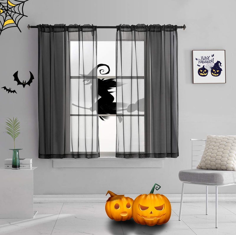 TOAVA DECO Halloween Decorations Black Sheer Voile Curtains Translucent Solid Color Window Treatment 63 Inches Long Panels Rod Pocket Black Drapes for Bedroom Living Room 2 Panels 52x63 - Image 2