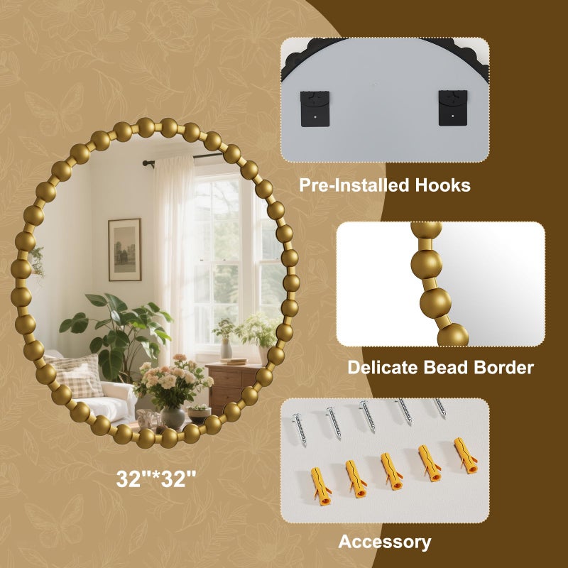 Easly Round Mirror for Wall, 32 Inch Gold Beaded Frame Decorative Vanity Mirror, Circle Bathroom Mirror with High-Definition Lense, Modern Wall Decor for Bathroom, Living Room, Bedroom, Entryway - Image 4