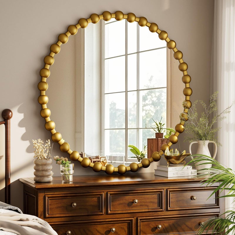 Easly Round Mirror for Wall, 32 Inch Gold Beaded Frame Decorative Vanity Mirror, Circle Bathroom Mirror with High-Definition Lense, Modern Wall Decor for Bathroom, Living Room, Bedroom, Entryway - Image 1