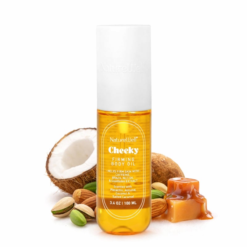NATURE WELL Cheeky Firming Body Oil, Luxuriously Glowy & Fast-Absorbing Formula Designed to Nourish, Firm, & Visibly Smooth Skin, Scented with Pistachio, Almond, Coconut, & Salted Caramel, 3.4 Oz - Image 1