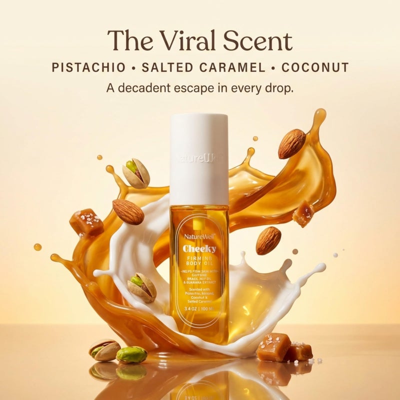 NATURE WELL Cheeky Firming Body Oil, Luxuriously Glowy & Fast-Absorbing Formula Designed to Nourish, Firm, & Visibly Smooth Skin, Scented with Pistachio, Almond, Coconut, & Salted Caramel, 3.4 Oz - Image 2