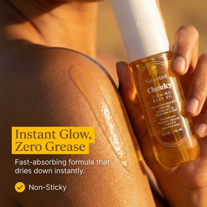 NATURE WELL Cheeky Firming Body Oil, Luxuriously Glowy & Fast-Absorbing Formula Designed to Nourish, Firm, & Visibly Smooth Skin, Scented with Pistachio, Almond, Coconut, & Salted Caramel, 3.4 Oz - Image 4