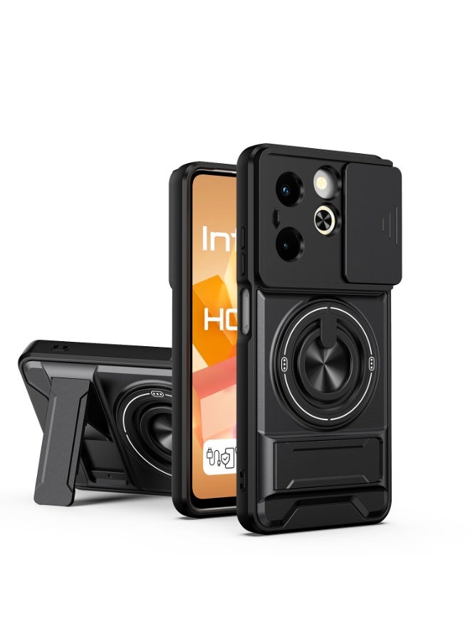 جراب حمايه مقاوم للصدمات مزود بستاند وحلقه دائريه وحمايه للكاميرا متوافق مع Infinix Hot 40i/Infinix Smart 8 (اسود)