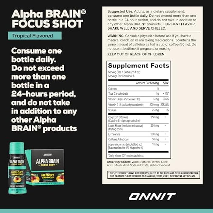 ONNIT Alpha Brain Focus Shot, Tropical Flavor, Nootropic Dietary Supplement Drink That Supports Energy, Focus, and Mood, IGEN™ Non-GMO Tested, 2.5 fl oz, 6 Count - Image 3