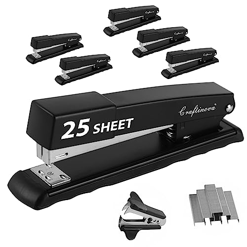 Craftinova Metal Desktop Stapler - 25 Sheet Capacity, Heavy Duty, Black, with 2000 Staples & Remover, Office Use, 6 Pack - Image 1