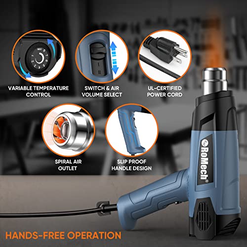ROMECH 1500W Heavy Duty Heat Gun, Variable Temperature Control Hot Air Gun Kit with 2 Air Flow 120°F~1200°F and 4 Nozzles for Crafts Shrink Wrap (Blue) - Image 4