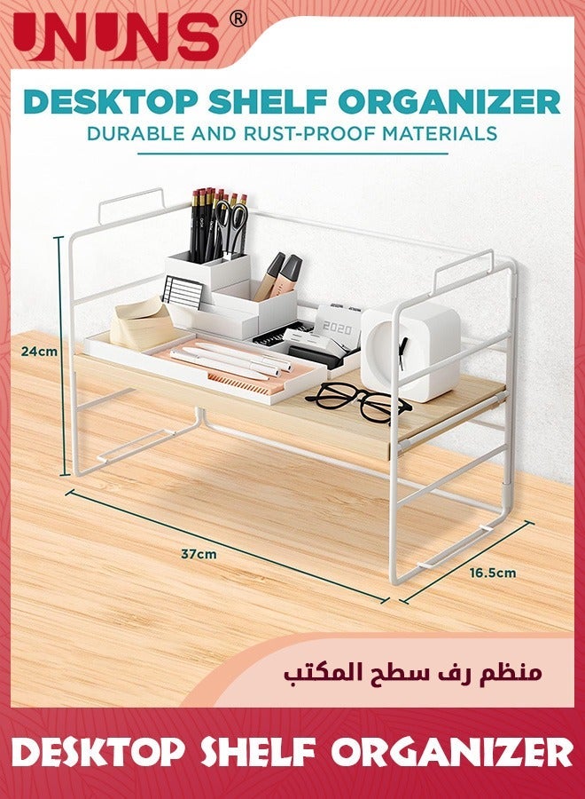 UNUNS Desktop Bookshelf,Simple Bookshelf,Desktop Shelf Organizer,Wooden Natural Storage Rack,Tabletop Shelves For Home Office,With Frame Adjustable Display Stand,Table Bookend Rack,37x24x16.5cm - Image 2