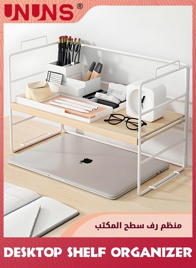 UNUNS Desktop Bookshelf,Simple Bookshelf,Desktop Shelf Organizer,Wooden Natural Storage Rack,Tabletop Shelves For Home Office,With Frame Adjustable Display Stand,Table Bookend Rack,37x24x16.5cm - Image 1