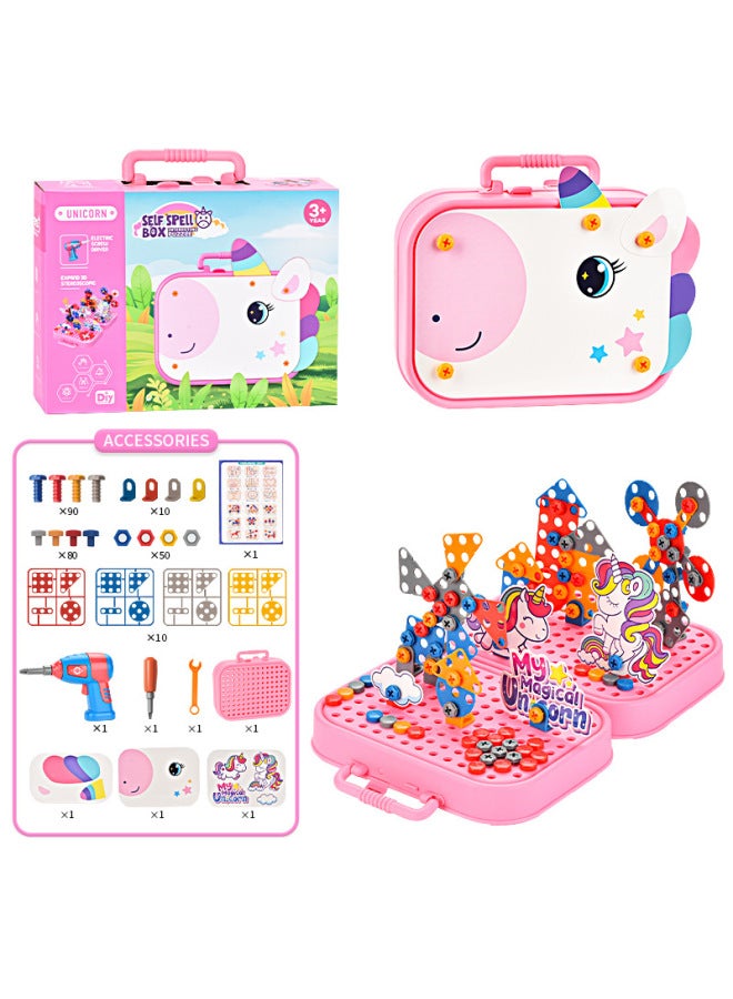 3D Toy Toolbox Puzzle DIY Animal Smart Dinosaur Unicorn Puzzle Toy Electric Toy Screwdriver-Color:Unicorn Screw Puzzle - Image 1