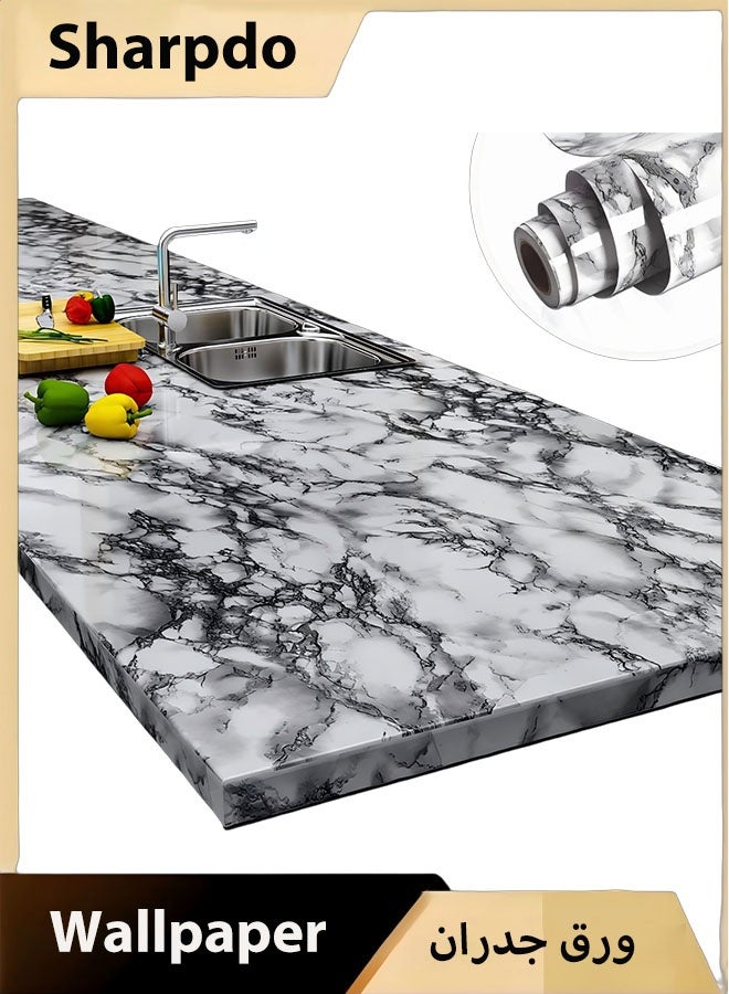 Sharpdo Wallpaper, Black Peel and Stick Wallpaper on White Background, Wallpaper for Marble Countertops, Self Adhesive Wallpaper for Tiles (Black on White Background, 3m x 60cm) - Image 1