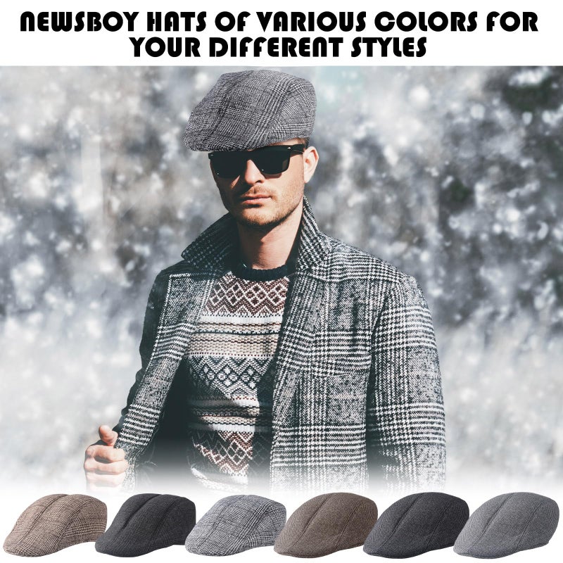Newcotte 6 Pcs Newsboy Cap for Men Classic Herringbone Tweed Flat Cap Irish Beret Hat for Cabbie Driving Hunting (Vintage,Large-x-Large) - Image 4
