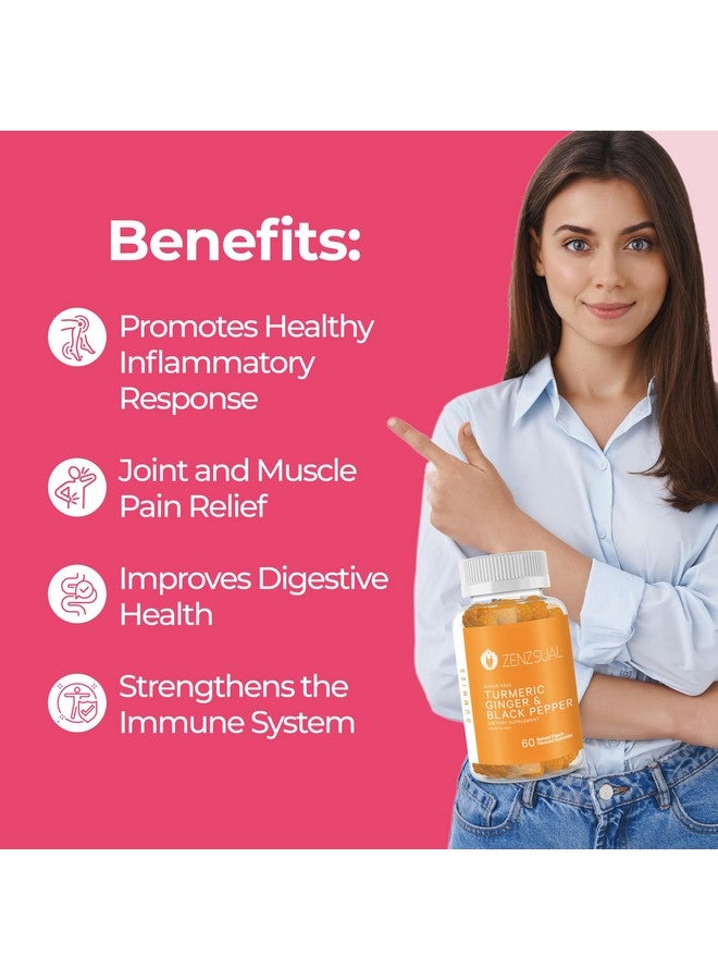 ZENZSUAL ZENZSUAL Turmeric, Ginger, and Black Pepper Gummies - Sugar Free Dietary Supplement - Immune Support, Healthy Skin, Joint Health, Combat Swelling Naturally (60 Natural Peach Flavored Gummies)  - Image 4