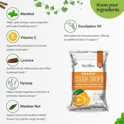 Herbion Naturals Cough Drops with Natural Orange Flavor Dietary Supplement Soothes Cough For Adults and Children Over 6 Years 25 Drops No Artificial Flavor No Added Color - Image 3