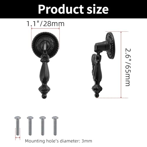 FarBoat 4Pcs Tear Drop Knobs Pulls Pendant Antique Decorative for Cabinet Drawer Closet Dresser Jewelry Box with Screws(Black, 65x28mm/2.6x1.1inch) - Image 2